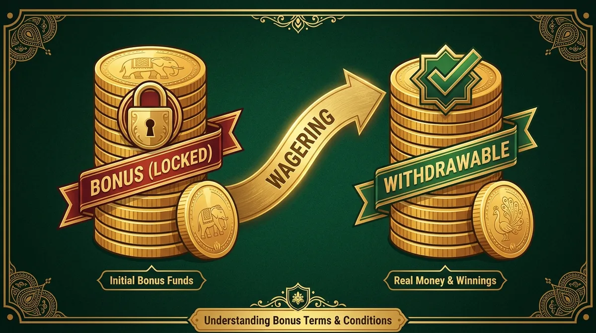 Infographic illustrating locked bonus vs withdrawable cash after wagering requirements