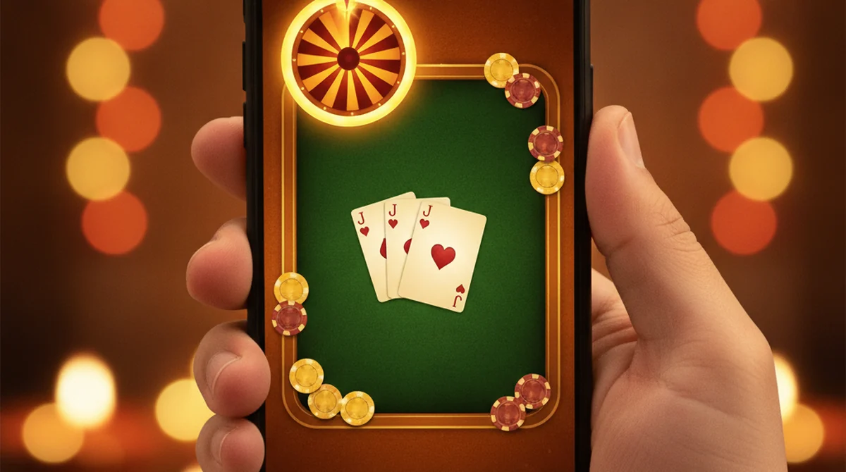 A smartphone displaying the Teen Patti Dhani lobby interface with card tables and interactive bonus wheels.