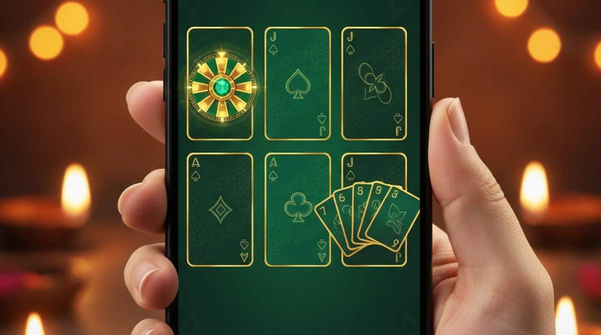 A smartphone displaying a Yono Rummy style emerald-and-gold lobby with rummy, Teen Patti and spin games.